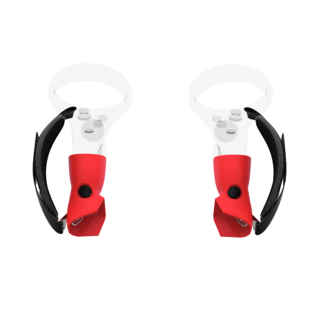 Player view of ProStraps MK1 for Meta Quest 1 and Rift S with transparent controllers and red cup mounts