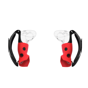 Player view of ProStraps MK1 for Meta Quest 3 with transparent controllers and red cup mounts