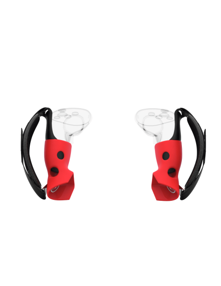 Player view of ProStraps MK1 for Meta Quest 3 with transparent controllers and red cup mounts