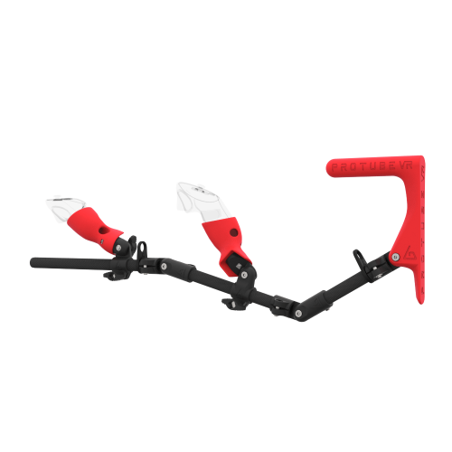 Left view of MagTube vr gunstock for Pico 4 Ultra with Carbon Armature with Red MK1 Buttstock and Red PLA cups