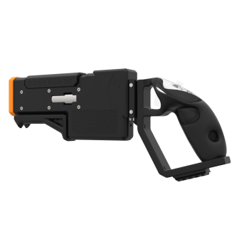 Left probolter powerful haptic gun for meta quest 3 and 3s with black carbon rear cup for right hand with orange tip