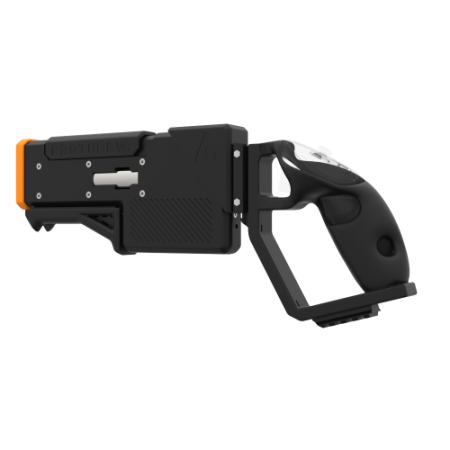 Left probolter powerful haptic gun for meta quest 3 and 3s with black carbon rear cup for right hand with orange tip