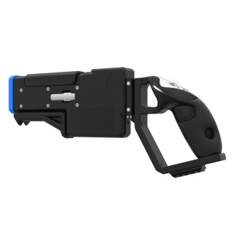 Left probolter powerful haptic gun for meta quest 3 and 3s with black carbon rear cup for right hand with blue tip