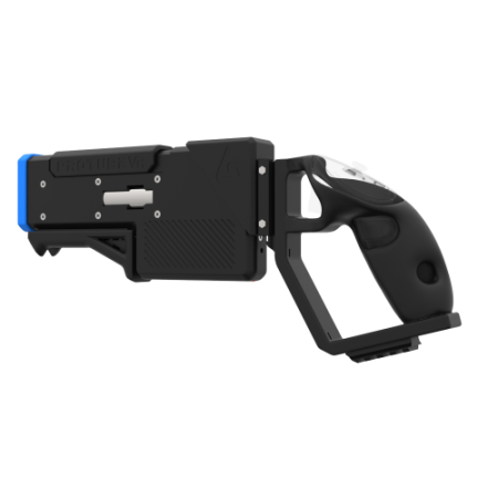 Left probolter powerful haptic gun for meta quest 3 and 3s with black carbon rear cup for right hand with blue tip