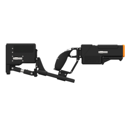 Side of a probolter heavy for meta quest 3 with black carbon rear cup for right hand with recoil stock with orange tip