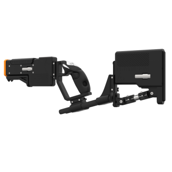 Left of a probolter heavy for meta quest 3 with black carbon rear cup for right hand with recoil stock with orange tip