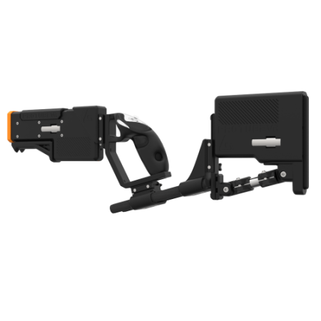 Left of a probolter heavy for meta quest 3 with black carbon rear cup for right hand with recoil stock with orange tip