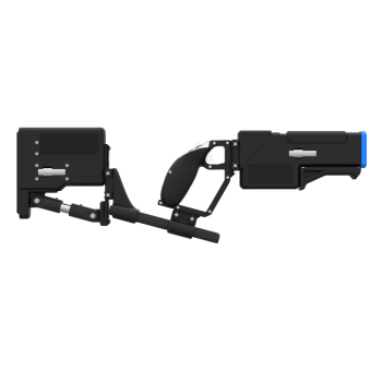 Side of a probolter heavy for meta quest 3 with black carbon rear cup for right hand with recoil stock with blue tip