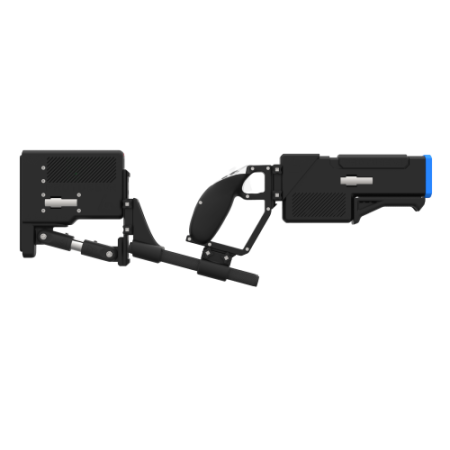 Side of a probolter heavy for meta quest 3 with black carbon rear cup for right hand with recoil stock with blue tip