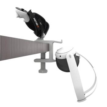 Side view of desk VR headset stand with Quest 3 HMD and Quest 3 controllers