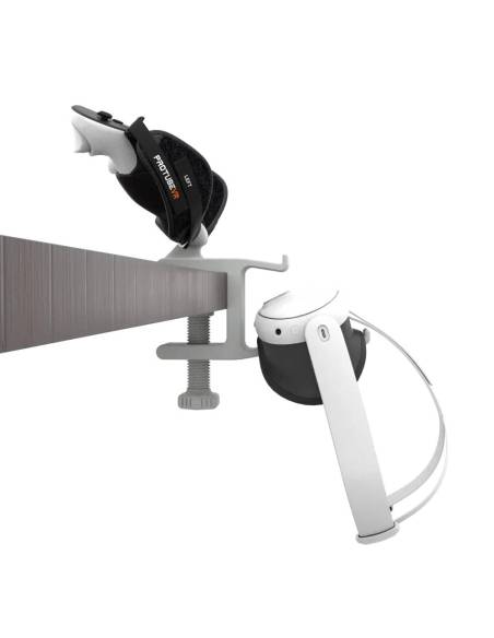 Side view of desk VR headset stand with Quest 3 HMD and Quest 3 controllers
