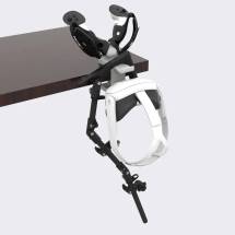 Right view of desk VR headset stand with Quest 3 HMD controllers and gunstock
