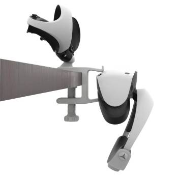 Side view of desk VR headset stand with PS VR 2 HMD and PS VR 2 controllers