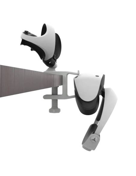 Side view of desk VR headset stand with PS VR 2 HMD and PS VR 2 controllers