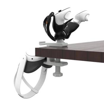 Left view of desk VR headset stand with Quest 3 HMD and Quest 3 controllers