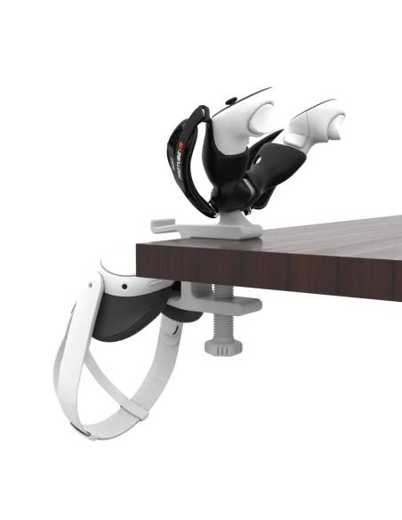 Left view of desk VR headset stand with Quest 3 HMD and Quest 3 controllers