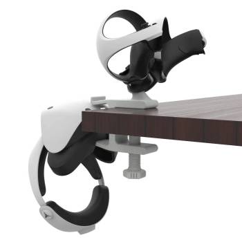 Left view of desk VR headset stand with PS VR 2 HMD and PS VR 2 controllers