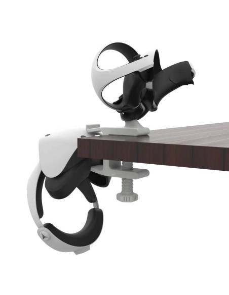 Left view of desk VR headset stand with PS VR 2 HMD and PS VR 2 controllers