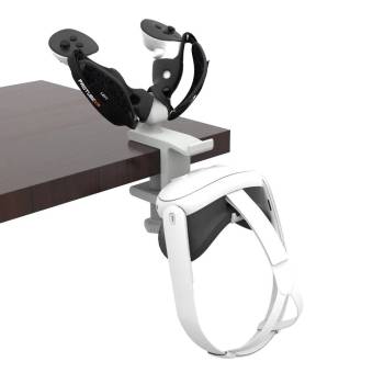 Right view of desk VR headset stand with Quest 3 HMD and Quest 3 controllers