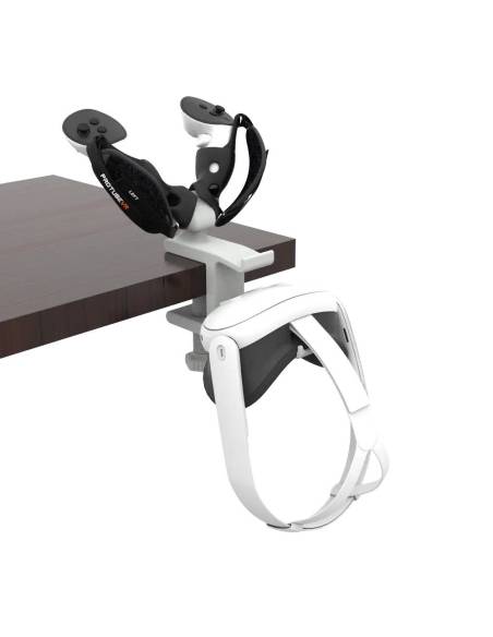 Right view of desk VR headset stand with Quest 3 HMD and Quest 3 controllers