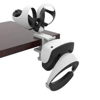 Right view of desk VR headset stand with PS VR 2 HMD and PS VR 2 controllers