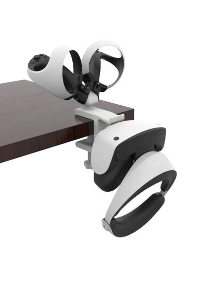 Right view of desk VR headset stand with PS VR 2 HMD and PS VR 2 controllers
