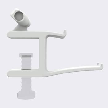 Side view of desk VR headset stand off white with transparent screw