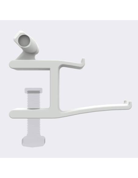 Side view of desk VR headset stand off white with transparent screw