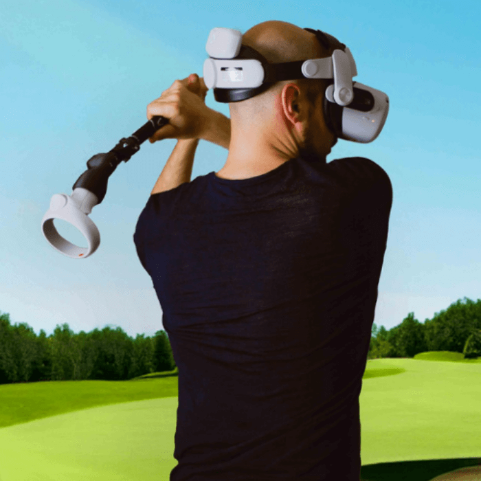 swing it golf club hold by a vr golfer with a virtual greenway in the background