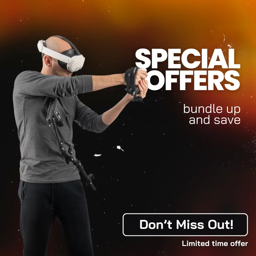 a vr player with a meta quest 3 aiming with two hands to a bundle offer with 50% off