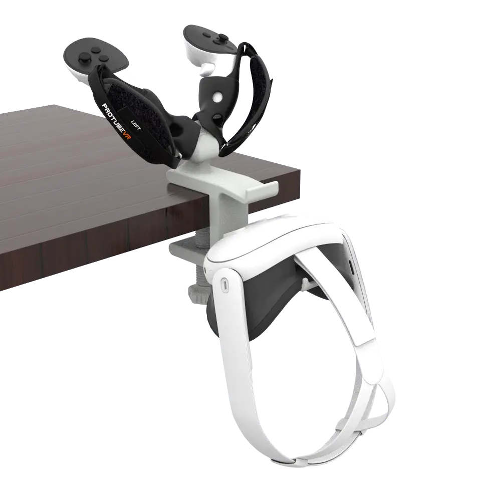 a VR headset stand with a quest 3 headset and controllers and a gunstock 