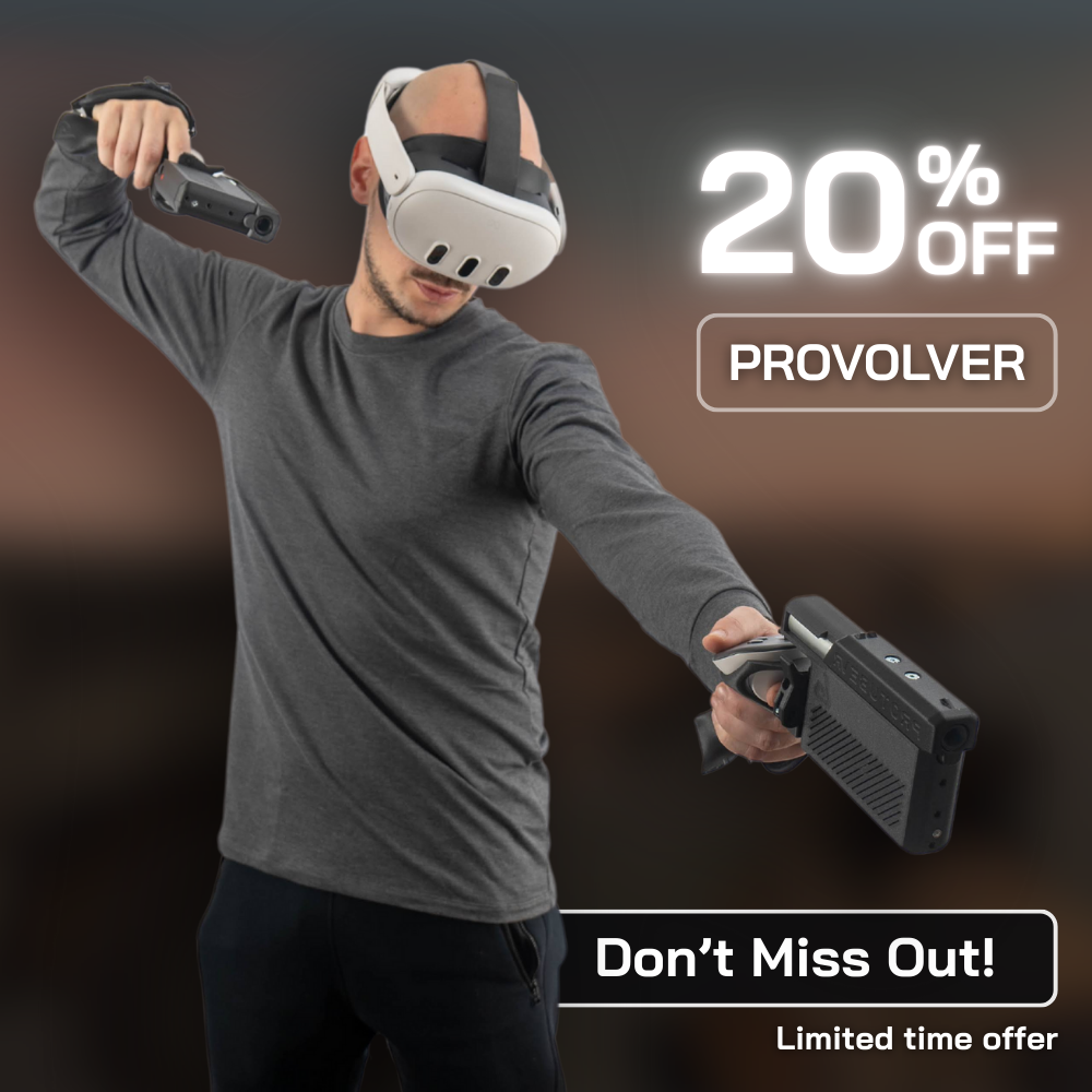 a vr player with a meta quest 3 aiming with two hands to a bundle offer with 50% off