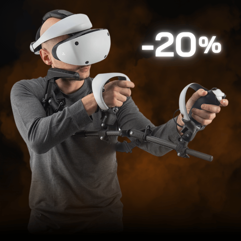 un support pour casque VR avec un casque et des contr&ocirc;leurs Quest 3 et un crosse de fusil