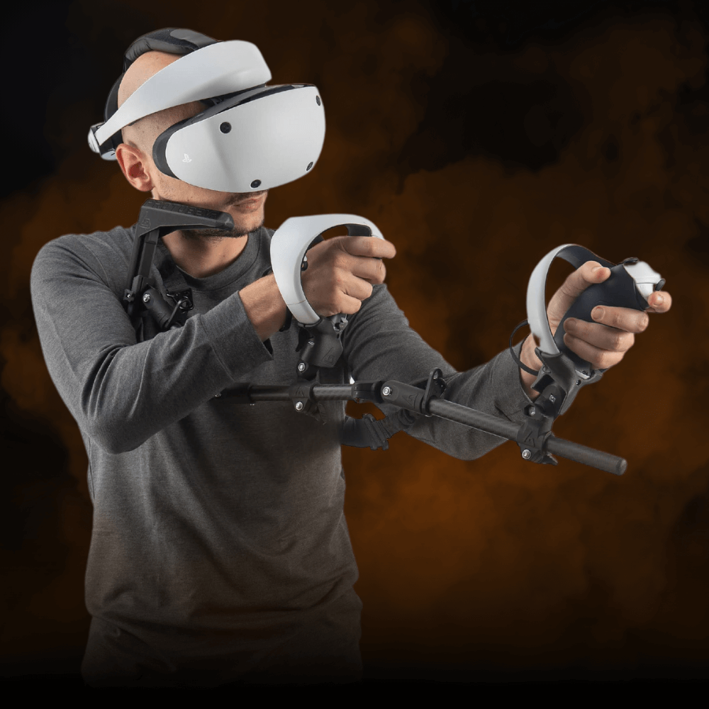 a VR headset stand with a quest 3 headset and controllers and a gunstock 