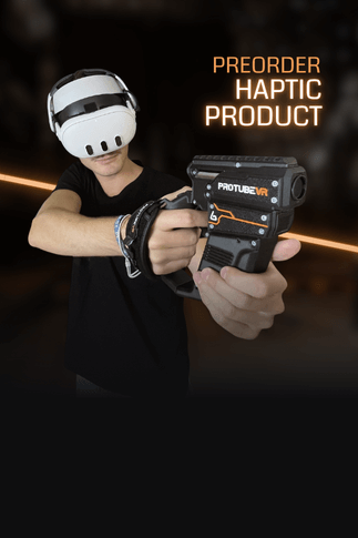 provolver haptic pistol for meta quest 3s with male player aiming it