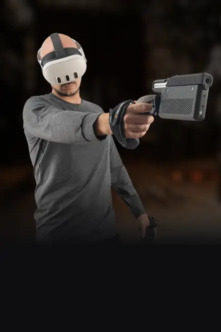 provolver haptic pistol for meta quest 3s with male player aiming it