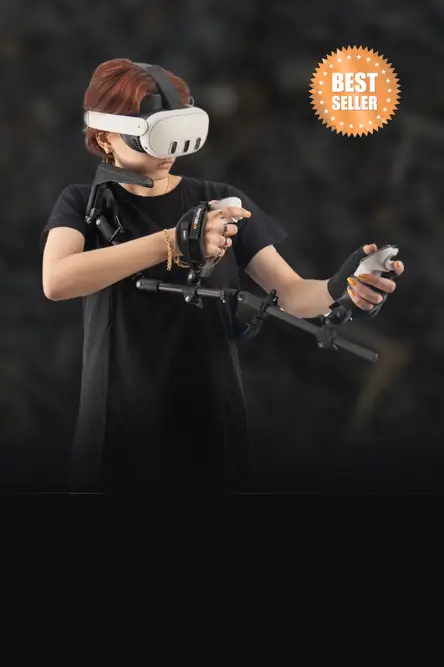 magtube vr gunstock hold by a female player with a meta quest 3s vr headset