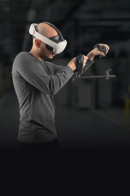 male player reloading in vr fps with a meta quest 3s holding a starter combat gunstock