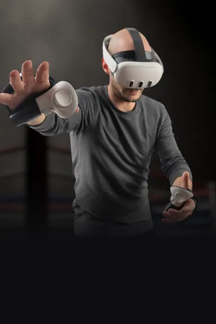 male player with meta quest 3 headset and prostraps controller grips